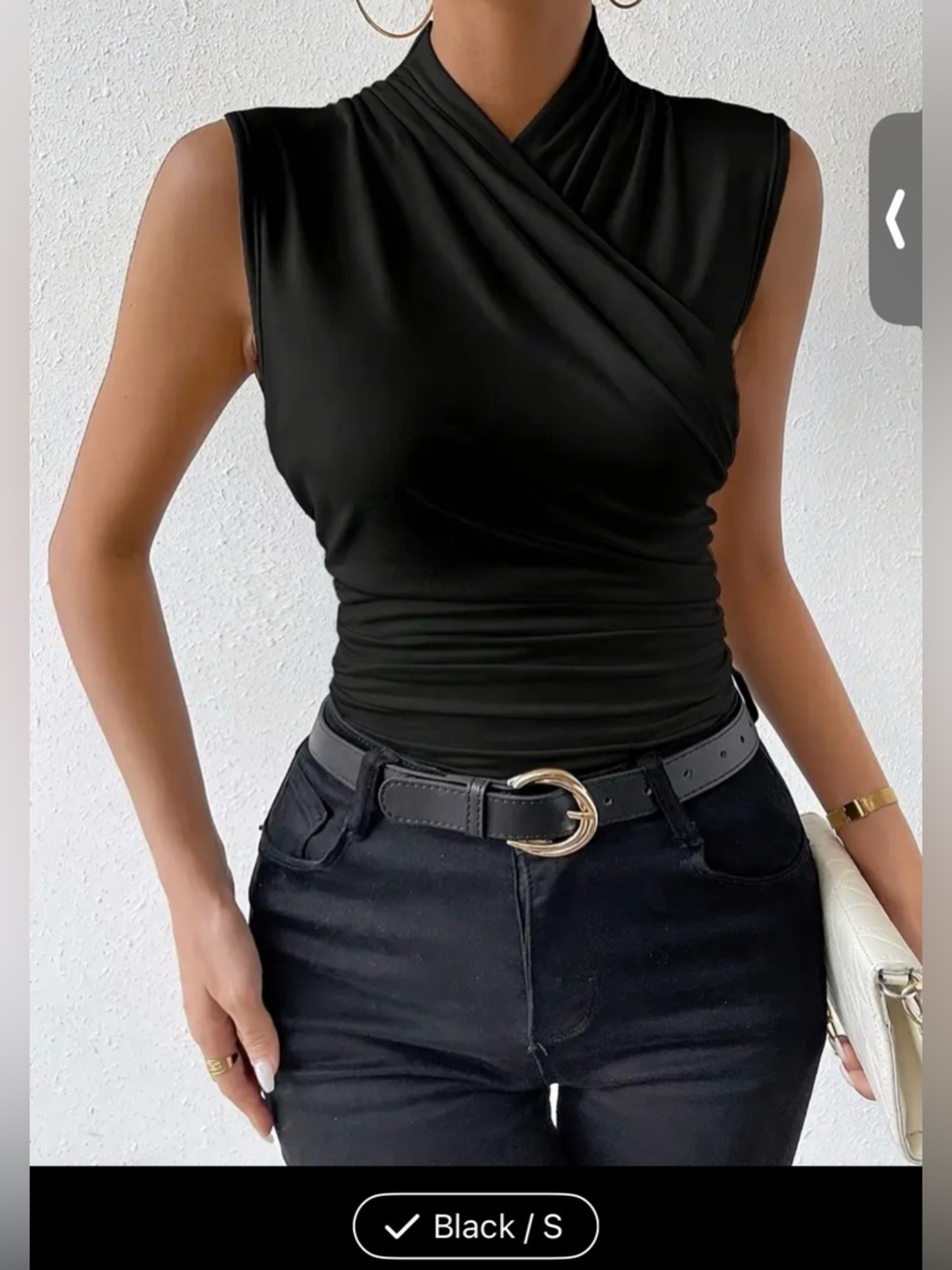 Black Draped Wrap-Front Sleeveless Tank Top